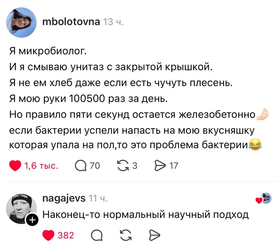 – Я микробиолог. И я смываю унитаз с закрытой крышкой. Я не ем хлеб даже если есть чучуть плесень. Я мою руки 100500 раз за день. Но правило пяти секунд остается железобетонно если бактерии успели напасть на мою вкусняшку которая упала на пол, то это проблема бактерии.
– Наконец-то нормальный научный подход.