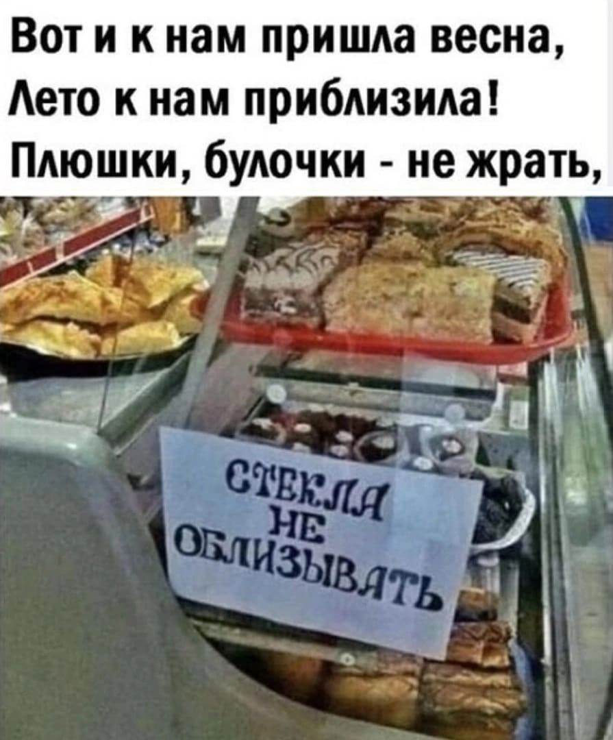Вот и к нам пришла весна,
Лето к нам приблизила!
Плюшки, булочки — не жрать,
Стёкла не облизывать!