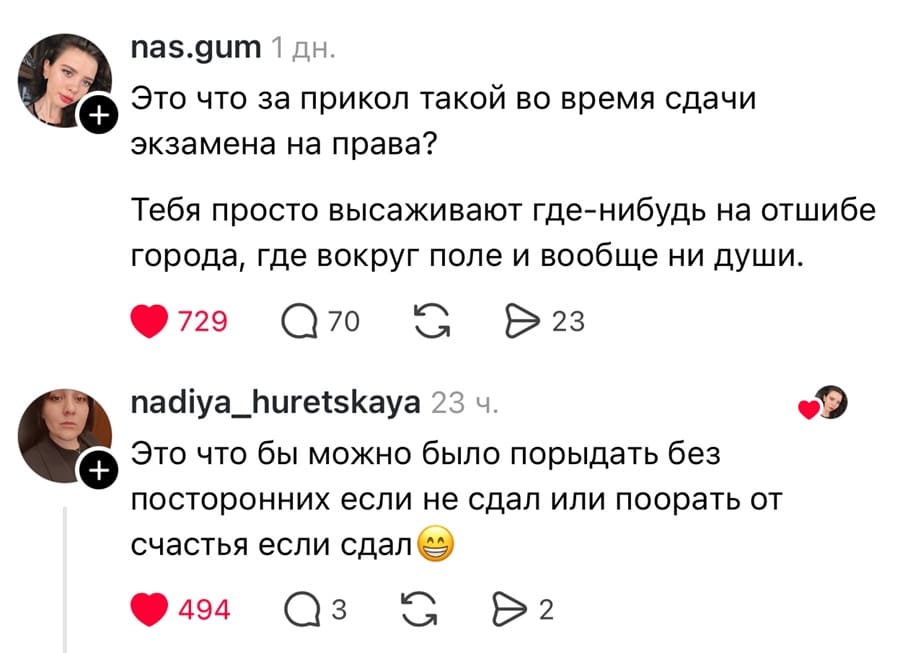 – Это что за прикол такой во время сдачи экзамена на права? Тебя просто высаживают где-нибудь на отшибе города, где вокруг поле и вообще ни души.
– Это что бы можно было порыдать без посторонних если не сдал или поорать от счастья если сдал.