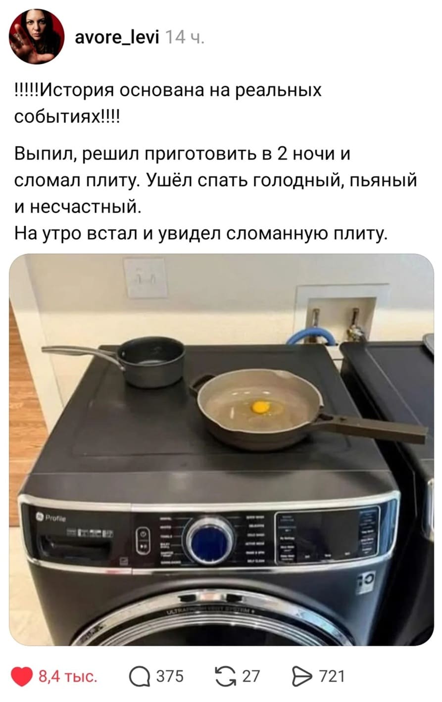 !!!!!История основана на реальных событиях!!!!
Выпил, решил приготовить в 2 ночи и сломал плиту. Ушёл спать голодный, пьяный и несчастный. На утро встал и увидел сломанную плиту.