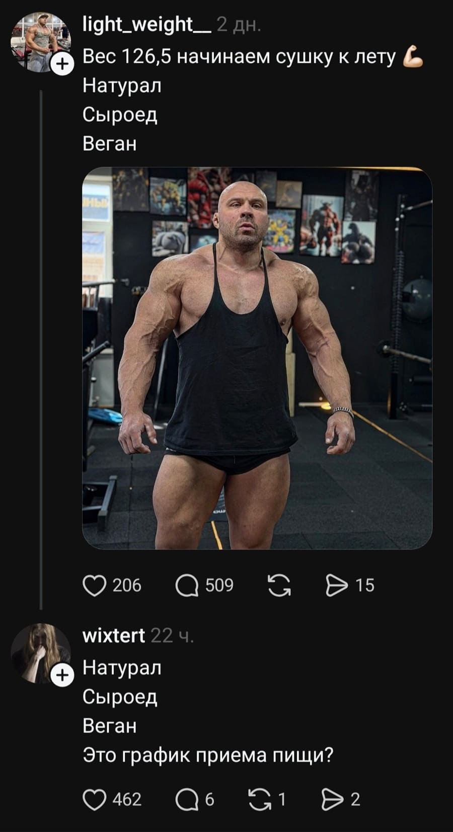 – Вес 126,5 начинаем сушку к лету. Натурал. Сыроед. Веган.
– Натурал. Сыроед. Веган. Это график приёма пищи?