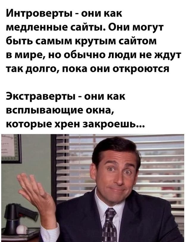 Интроверты — они как медленные сайты. Они могут быть самым крутым сайтом в мире, но обычно люди не ждут так долго, пока они откроются.
Экстраверты — они как всплывающие окна, которые хрен закроешь...