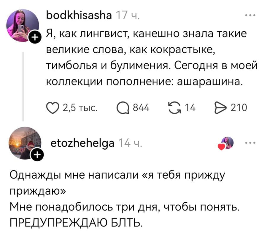 – Я, как лингвист, канешно знала такие великие слова, как кокрастыке, тимболья и булимения. Сегодня в моей коллекции пополнение: ашарашина.
– Однажды мне написали «я тебя прижду приждаю». Мне понадобилось три дня, чтобы понять. ПРЕДУПРЕЖДАЮ БЛТЬ.