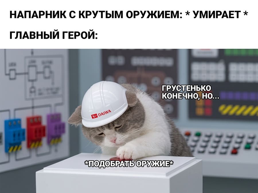 НАПАРНИК С КРУТЫМ ОРУЖИЕМ: *УМИРАЕТ*
ГЛАВНЫЙ ГЕРОЙ: ГРУСТЕНЬКО КОНЕЧНО, НО... *ПОДОБРАТЬ ОРУЖИЕ*