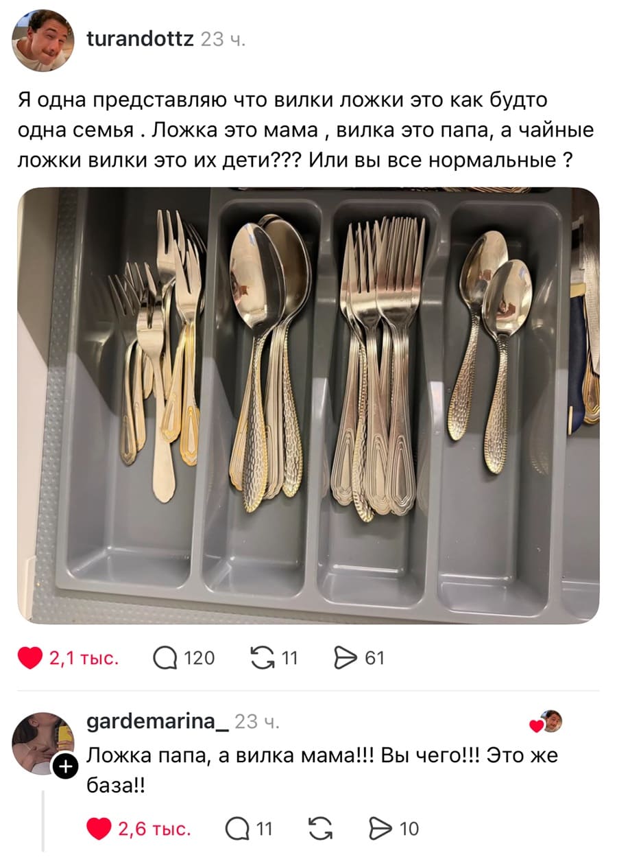 – Я одна представляю что вилки и ложки — это как будто одна семья. Ложка это мама, вилка это папа, а чайные ложки вилки это их дети??? Или вы все нормальные?
– Ложка папа, а вилка мама!!! Вы чего!!! Это же база!!