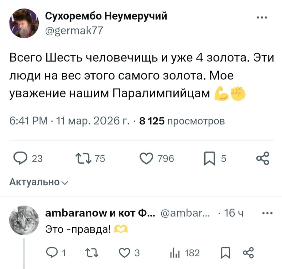 – Всего Шесть человечищь и уже 4 золота. Эти люди на вес этого самого золота. Моё уважение нашим Паралимпийцам.
– Это — правда!