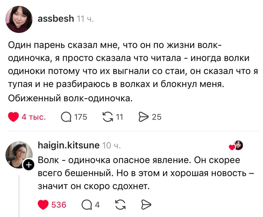 – Один парень сказал мне, что он по жизни волк-одиночка, я просто сказала что читала — иногда волки одиноки потому что их выгнали со стаи, он сказал что я тупая и не разбираюсь в волках и блокнул меня. Обиженный волк-одиночка.
– Волк-одиночка опасное явление. Он скорее всего бешенный. Но в этом и хорошая новость — значит он скоро сдохнет.