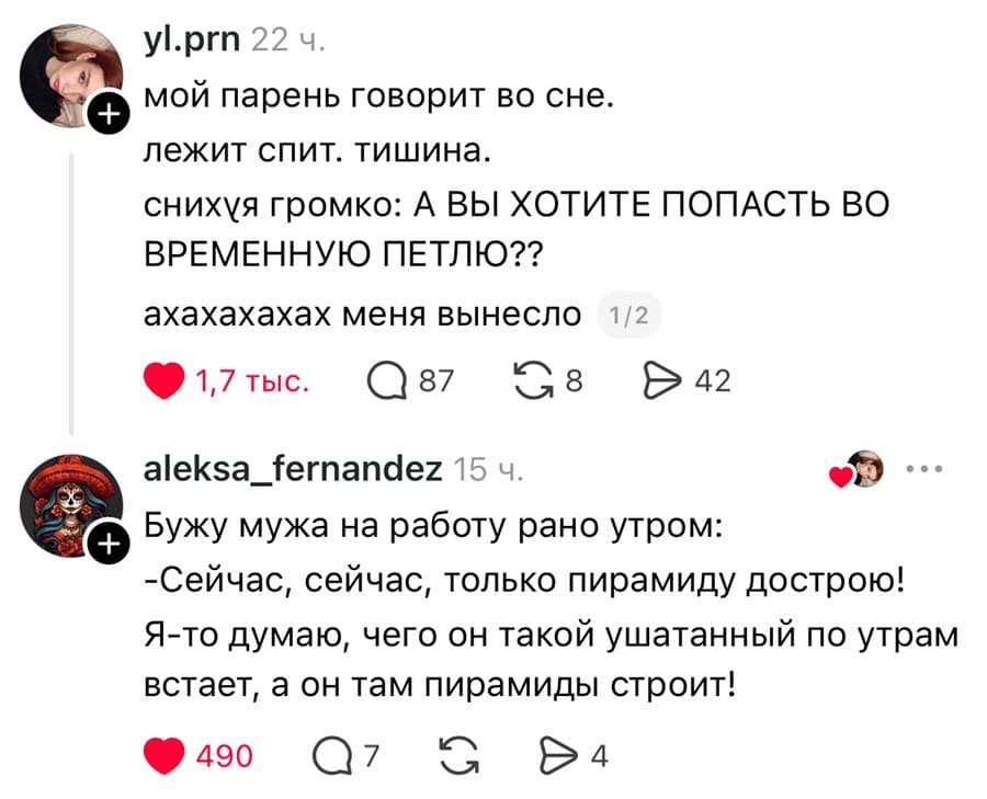 – Мой парень говорит во сне. Лежит спит. Тишина. Сних*я громко: «А ВЫ ХОТИТЕ ПОПАСТЬ ВО ВРЕМЕННУЮ ПЕТЛЮ!??» ахахахахах меня вынесло.
– Бужу мужа на работу рано утром: «Сейчас, сейчас, только пирамиду дострою!». Я-то думаю, чего он такой ушатанный по утрам встает, а он там пирамиды строит!