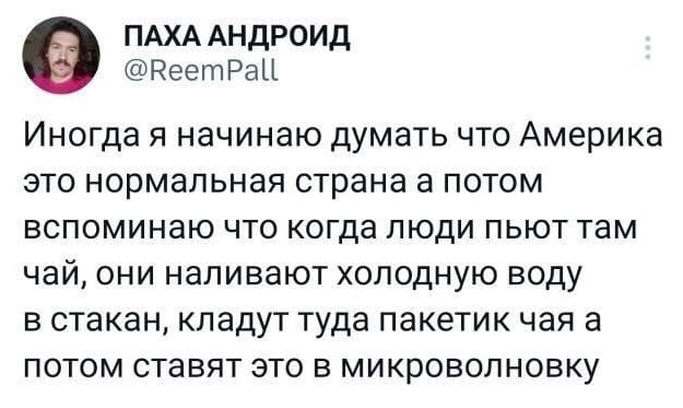 Иногда я начинаю думать, что Америка — это нормальная страна, а потом вспоминаю, что, когда люди пьют там чай, они наливают холодную воду в стакан, кладут туда пакетик чая, а потом ставят это в микроволновку.
