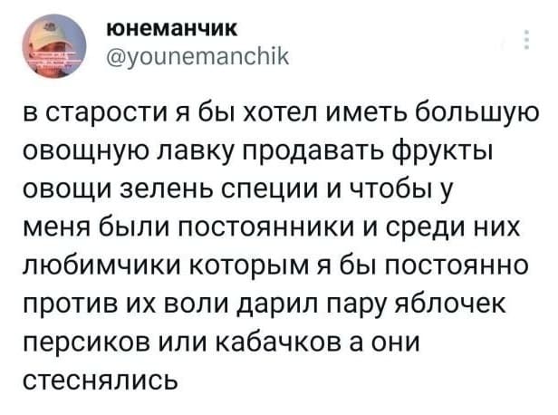 В старости я бы хотел иметь большую овощную лавку, продавать фрукты, овощи, зелень, специи и чтобы у меня были постоянники, и среди них любимчики, которым я бы постоянно, против их воли, дарил пару яблочек, персиков или кабачков, а они стеснялись.