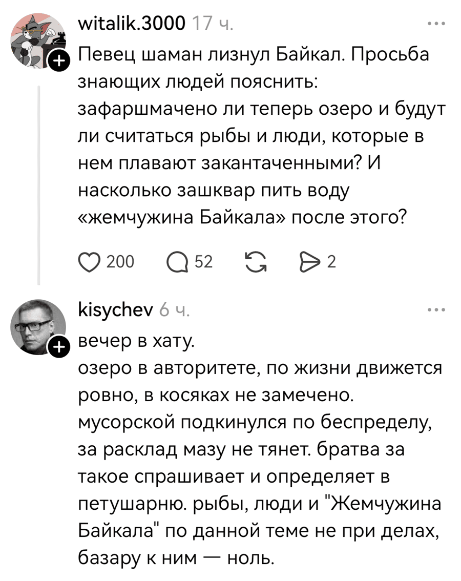 – Певец шаман лизнул Байкал. Просьба знающих людей пояснить: зафаршмачено ли теперь озеро и будут ли считаться рыбы и люди, которые в нем плавают закантаченными? И насколько зашквар пить воду «жемчужина Байкала» после этого?
– Вечер в хату. Озеро в авторитете, по жизни движется ровно, в косяках не замечено. Мусорской подкинулся по беспределу, за расклад мазу не тянет. Братва за такое спрашивает и определяет в петушарню. Рыбы, люди и «Жемчужина Байкала» по данной теме не при делах, базару к ним — ноль.