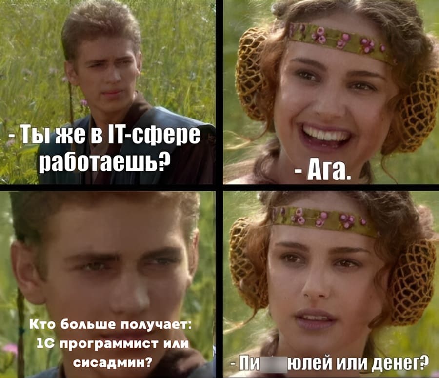 – Ты же работаешь в IT-сфере?
– Ага.
– Кто больше получает: 1с программист или сисадмин?
– Люлей или денег?