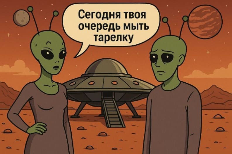 Жена-инопланетянка — мужу-инопланетянину:
– Сегодня твоя очередь мыть тарелку.