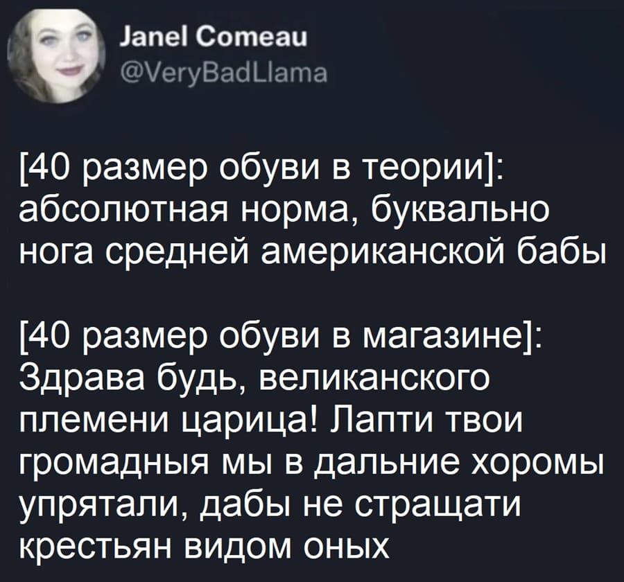 [40 размер обуви в теории]: абсолютная норма, буквально нога средней американской бабы.
[40 размер обуви в магазине]: Здрава будь, великанского племени царица! Лапти твои громадныя мы в дальние хоромы упрятали, дабы не стращати крестьян видом оных.