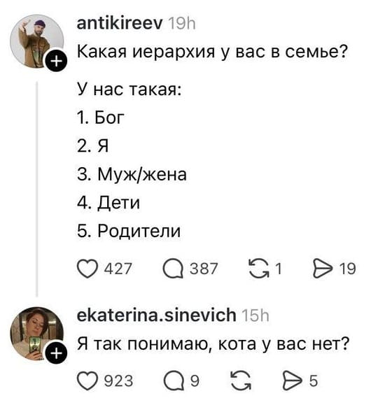 – Какая иерархия у вас в семье?
У нас такая:
1. Бог
З. Муж/жена
4. Дети
5. Родители

– Я так понимаю, кота у вас нет?