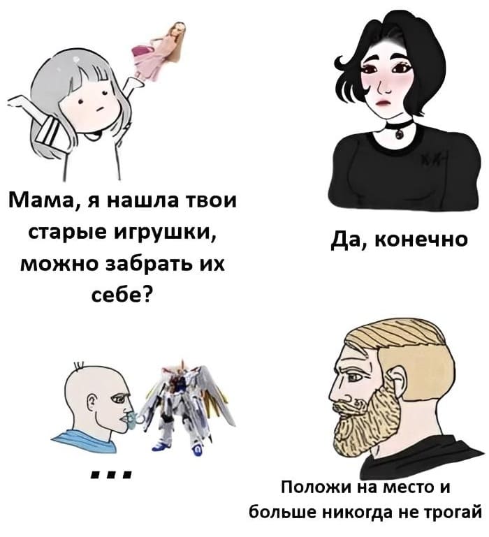 Женщины:
– Мама, я нашла твои старые игрушки, можно забрать их себе?
– Да, конечно.
Мужчины:
– Положи на место и больше никогда не трогай.