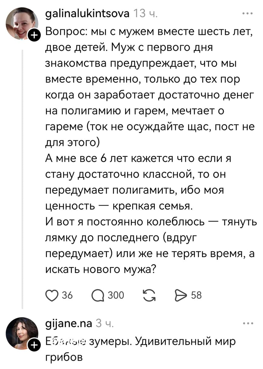 – Вопрос: мы с мужем вместе шесть лет, двое детей. Муж с первого дня знакомства предупреждает, что мы вместе временно, только до тех пор когда он заработает достаточно денег на полигамию и гарем, мечтает о гареме (ток не осуждайте щас, пост не для этого). А мне все 6 лет кажется что если я стану достаточно классной, то он передумает полигамить, ибо моя ценность — крепкая семья. И вот я постоянно rолеблюсь — тянуть лямку до последнего (вдруг передумает) или же не терять время, а искать нового мужа?
– Еб*ные зумеры. Удивительный мир грибов.