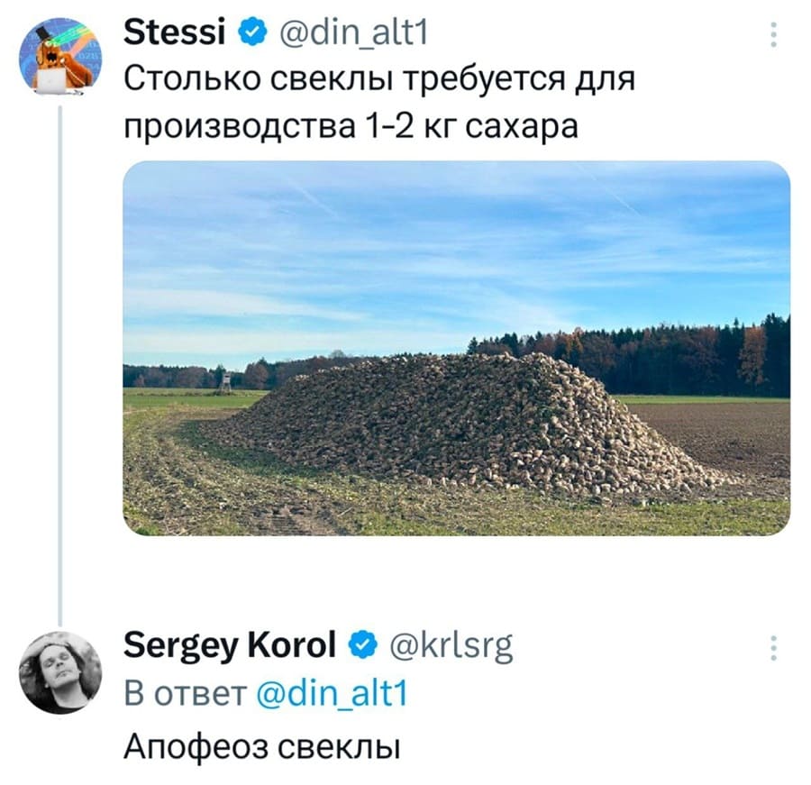 – Столько свеклы требуется для производства 1-2 кг сахара.
– Апофеоз свеклы.