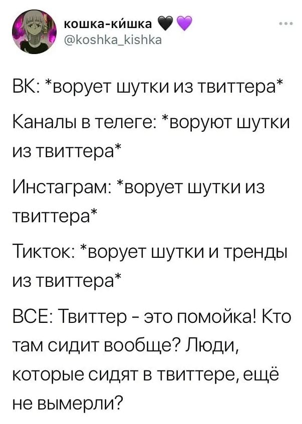 ВК: *ворует шутки из твиттера*
Каналы в телеге: *воруют шутки из твиттера*
Инстаграм: *ворует шутки из твиттера*
Тикток: *ворует шутки и тренды из твиттера*
ВСЕ: Твиттер — это помойка! Кто там сидит вообще? Люди, которые сидят в твиттере, ещё не вымерли?