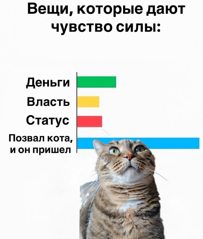 Вещи, которые дают чувство силы:
– Деньги
– Власть
– Статус
– Позвал кота, и он пришёл
