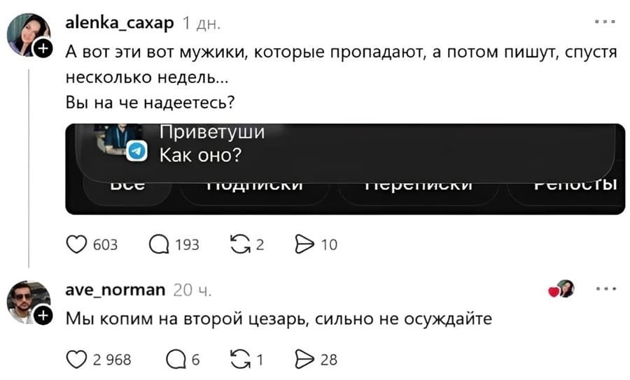– А вот эти вот мужики, которые пропадают, а потом пишут, спустя несколько недель... Вы на че надеетесь?
*Сообщение от мужчины: «Приветушки. Как оно?»*
– Мы копим на второй цезарь, сильно не осуждайте.