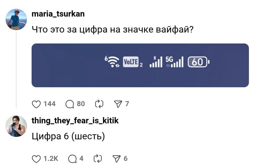 – Что это за цифра на значке вайфай? VoUE
– Цифра 6 (шесть).