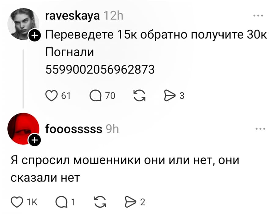 – Переведете 15к обратно получите 30к. Погнали. *номер банковской карты*
– Я спросил мошенники они или нет, они сказали нет.