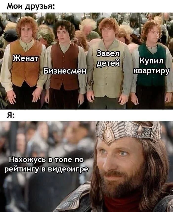 Мои друзья:
*Женат*
*Бизнесмен*
*Завёл детей*
*Купил квартиру*

Я:
*Нахожусь в ТОПе по рейтингу в видеоигре*