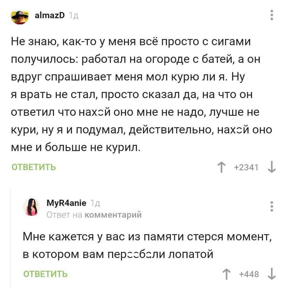 – Не знаю, как-то у меня всё просто с сигами получилось: работал на огороде с батей, а он вдруг спрашивает меня мол курю ли я. Ну я врать не стал, просто сказал да, на что он ответил что нах*й оно мне не надо, лучше не кури, ну я и подумал, действительно, нах*й оно мне и больше не курил.
– Мне кажется у вас из памяти стерся момент, в котором вам пер**бали лопатой.