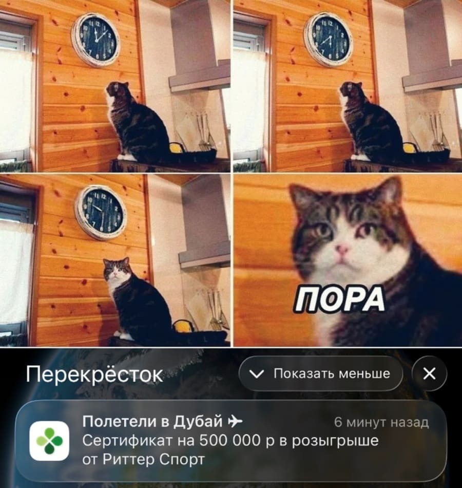 Пуш-уведомление от Перекрёсток:
Полетели в Дубай!
6 минут назад
Сертификат на 500 000 р в розыгрыше от Риттер Спорт...