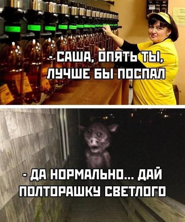 – Саша, опять ты, лучше бы поспал.
– Да нормально... Дай полторашку светлого.