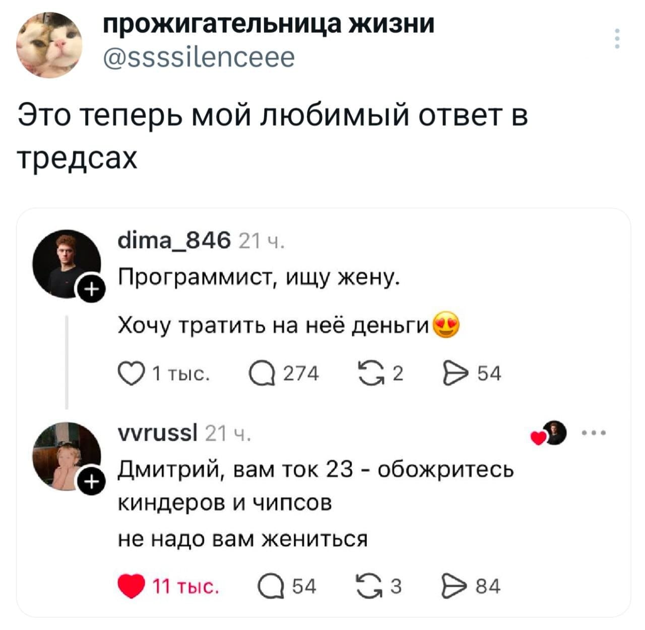 Это теперь мой любимый ответ в тредсах:
– Программист, ищу жену. Хочу тратить на неё деньги.
– Дмитрий, вам ток 23 — обожритесь киндеров и чипсов. Не надо вам жениться.