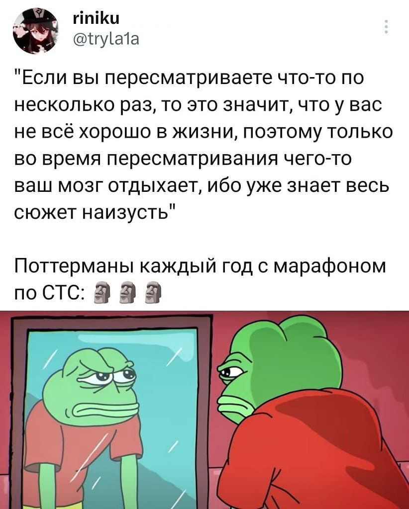 «Если вы пересматриваете что-то по несколько раз, то это значит, что у вас не всё хорошо в жизни, поэтому только во время пересматривания чего-то ваш мозг отдыхает, ибо уже знает весь сюжет наизусть»
*Поттерманы каждый год с марафоном по СТС*