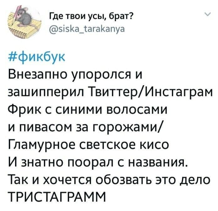 Внезапно упоролся и зашипперил Твиттер/Инстаграм Фрик с синими волосами и пивасом за горожами/ Гламурное светское кисо И знатно поорал с названия. Так и хочется обозвать это дело ТРИСТАГРАММ.