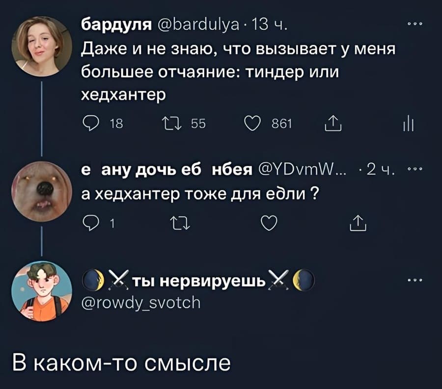 – Даже и не знаю, что вызывает у меня большее отчаяние: тиндер или хедхантер.
– А хедхантер тоже для е6ли?
– В каком-то смысле.