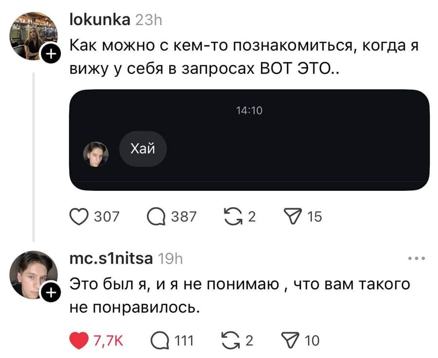 – Как можно с кем-то познакомиться, когда я вижу у себя в запросах ВОТ ЭТО..
*Хай*
– Это был я, и я не понимаю, что вам такого не понравилось.