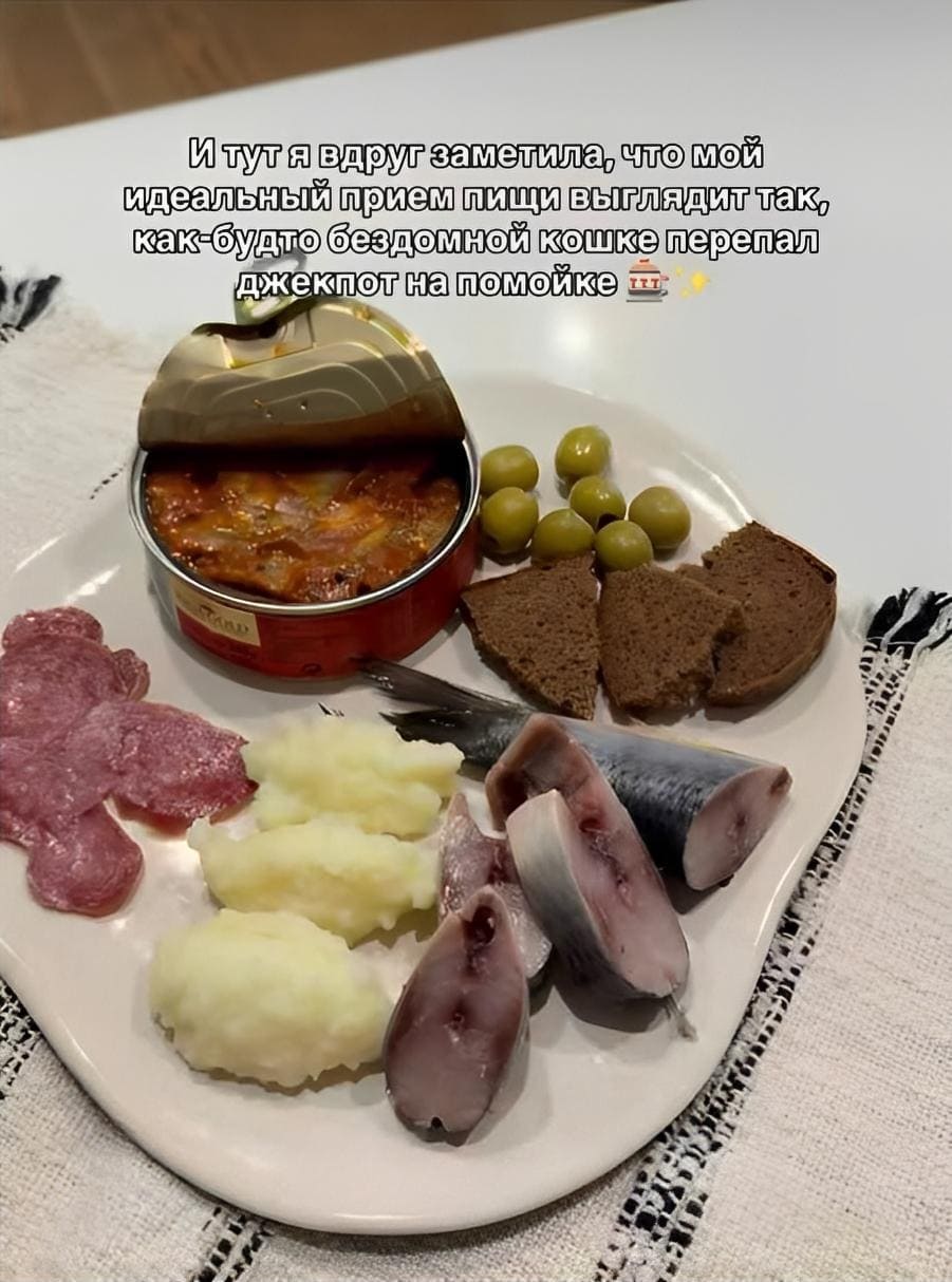 И тут я вдруг заметила, что мой идеальный приём пищи выглядит так, как-будто бездомной кошке перепал джекпот на помойке.