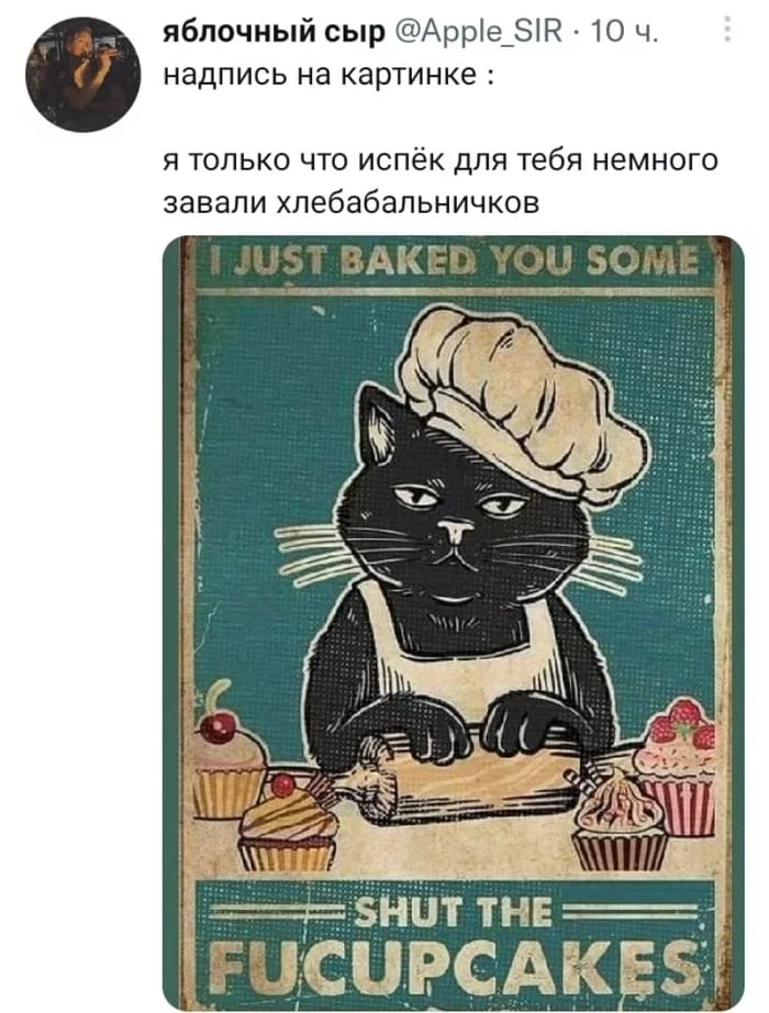 *I JUST BAKED YOU SOME SHUT THE FUCUPCAKES*
Перевод:
Надпись на картинке: я только что испёк для тебя немного завали хлебабальничков.