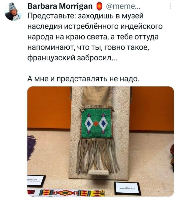 Представьте: заходишь в музей наследия истреблённого индейского народа на краю света, а тебе оттуда напоминают, что ты, говно такое, французский забросил...
А мне и представлять не надо.
