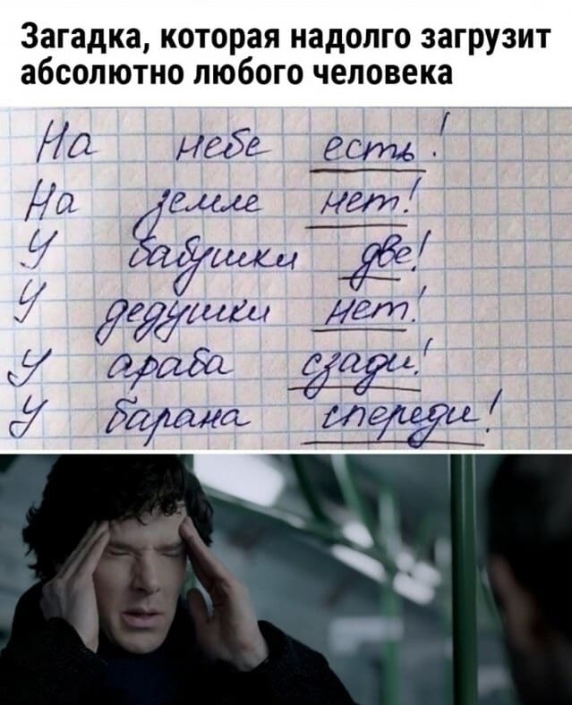 Загадка, которая надолго загрузит абсолютно любого человека:
На небе есть!
На Земле нет!
У бабушки две!
У дедушки нет!
У араба сзади!
У барана спереди!