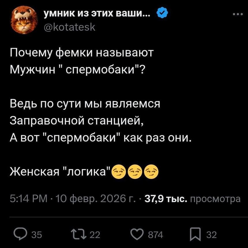 Почему фемки называют
Мужчин «спермобаки»?
Ведь по сути мы являемся
Заправочной станцией,
А вот «спермобаки» как раз они.
Женская «логика».