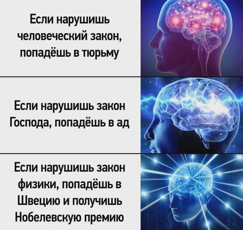 Если нарушишь человеческий закон, попадёшь в тюрьму.
Если нарушишь закон Господа, попадёшь в ад.
Если нарушишь закон физики, попадёшь в Швецию и получишь Нобелевскую премию.