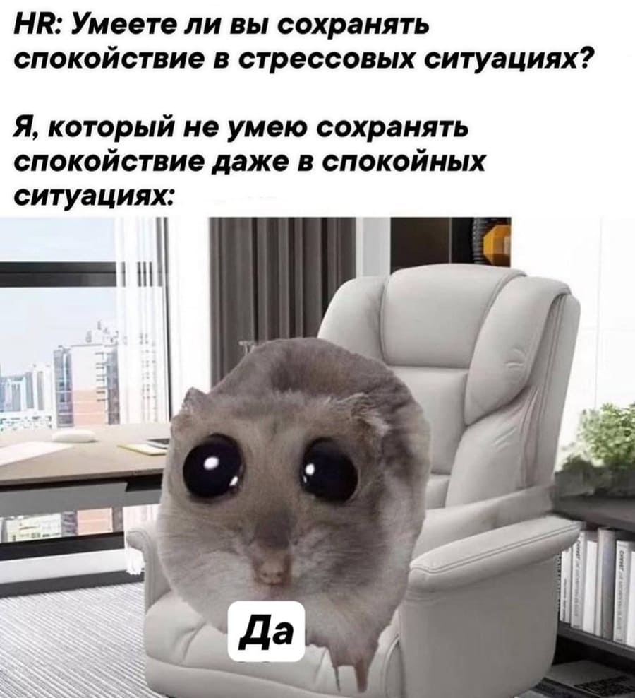 HR: Умеете ли вы сохранять спокойствие в стрессовых ситуациях?
Я, который не умею сохранять спокойствие даже в спокойных ситуациях: Да.