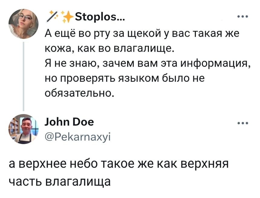 – А ещё во рту за щекой у вас такая же кожа, как во влагалище. Я не знаю, зачем вам эта информация, но проверять языком было не обязательно.
– А верхнее небо такое же как верхняя часть влагалища.
