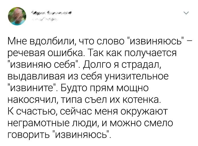 Мне вдолбили, что слово «извиняюсь» — речевая ошибка. Так как получается «извиняю себя». Долго я страдал, выдавливая из себя унизительное «извините». Будто прям мощно накосячил, типа съел их котенка. К счастью, сейчас меня окружают неграмотные люди, и можно смело говорить «извиняюсь».
