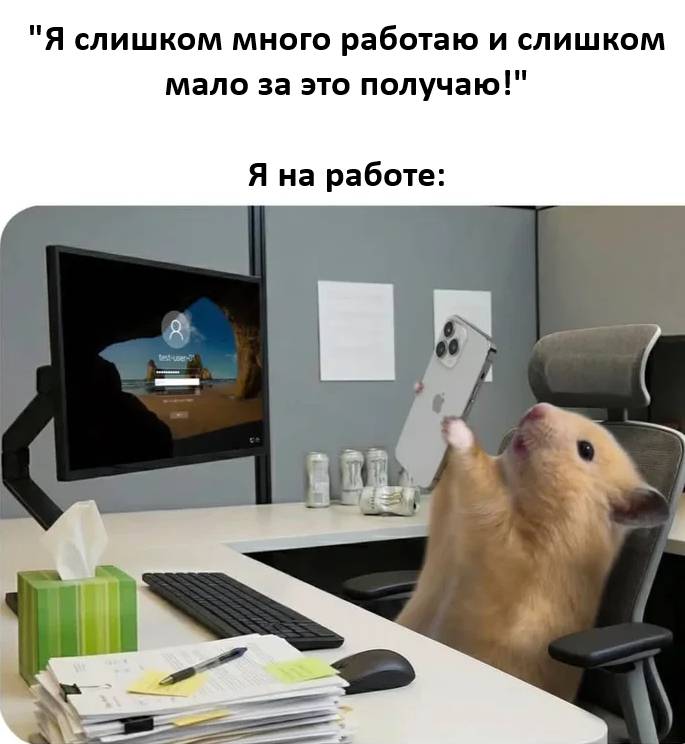 Я слишком много работаю и слишком мало за это получаю!
Я на работе: