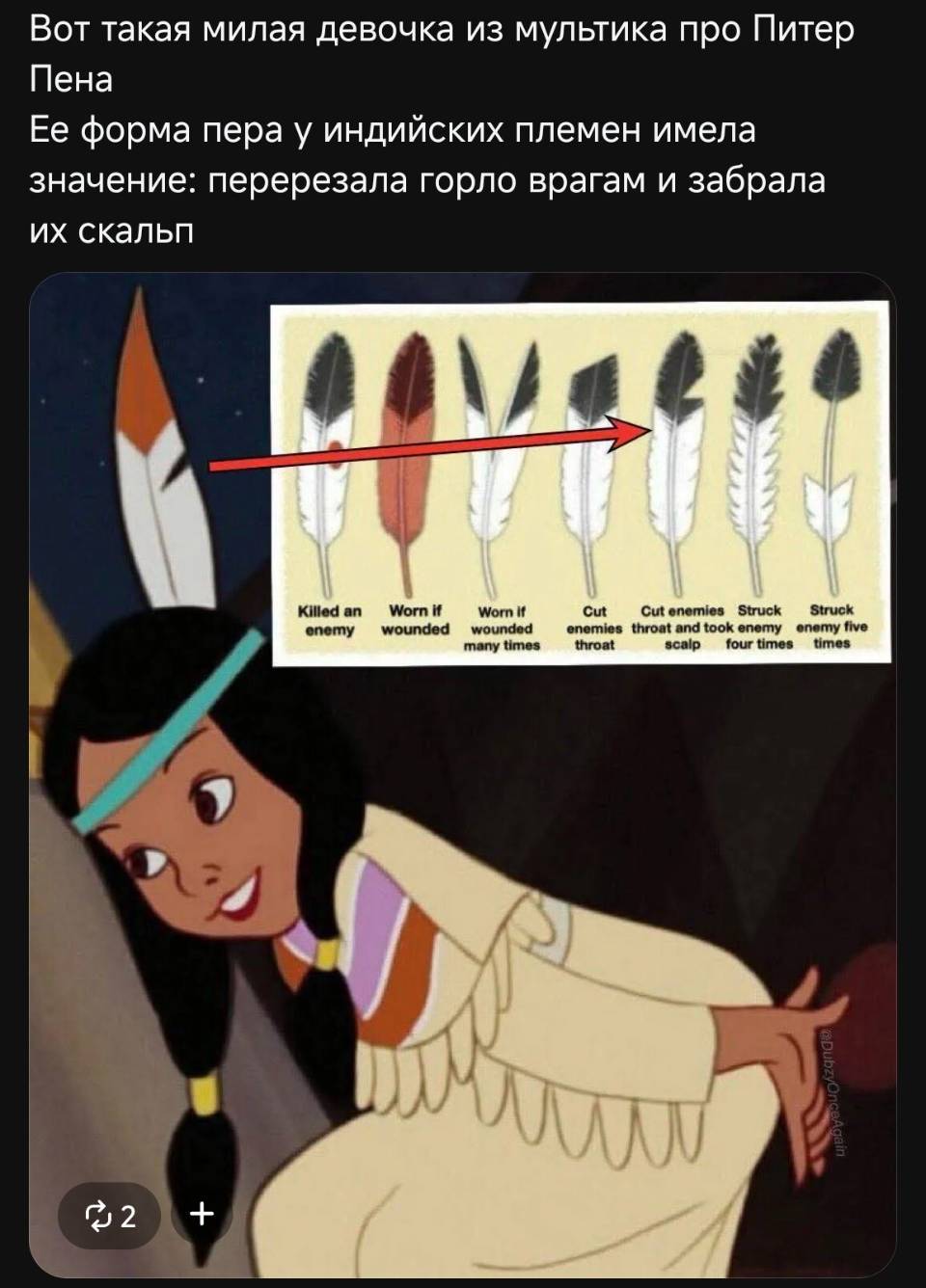 Вот такая милая девочка из мультика про Питер Пена. Её форма пера у индийских племен имела значение: перерезала горло врагам и забрала их скальп.