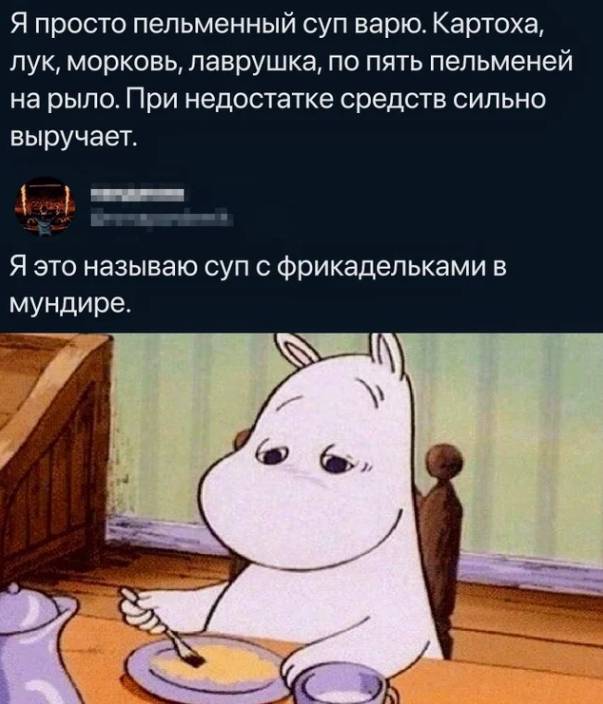 – Я просто пельменный суп варю. Картоха, лук, морковь, лаврушка, по пять пельменей на рыло. При недостатке средств сильно выручает.
– Я это называю суп с фрикадельками в мундире.