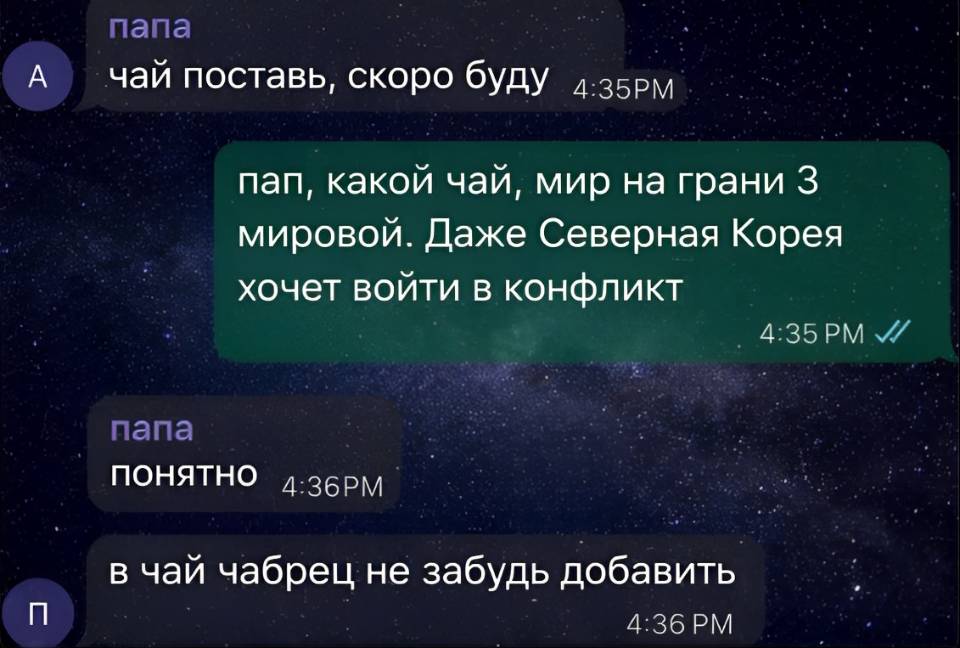 – Чай поставь, скоро буду.
– Пап, какой чай, мир на грани З мировой. Даже Северная Корея хочет войти в конфликт.
– Понятно. В чай чабрец не забудь добавить.