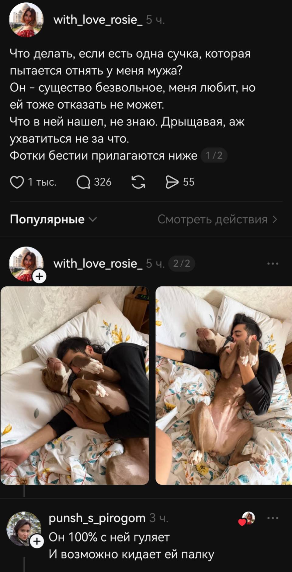 – Что делать, если есть одна сучка, которая пытается отнять у меня мужа? Он – существо безвольное, меня любит, но ей тоже отказать не может. Что в ней нашел, не знаю. Дрыщавая, аж ухватиться не за что. Фотки бестии прилагаются ниже
– Он 100% ней гуляет. И возможно кидает ей палку!